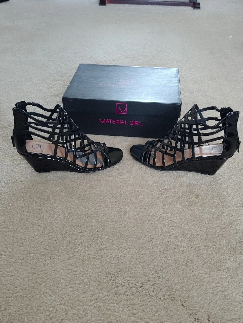 Material Girl Black Patent Lattice Peep-Toe Cage Heels